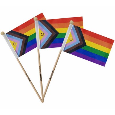 LGBTQ+ 4"x6" Progress Pride Flag With Wooden 12" Pole V2 - Official Design